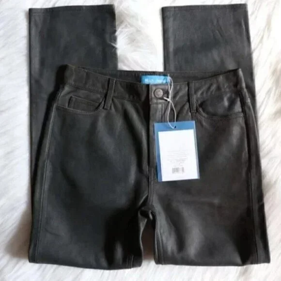 NWT Anthropologie Green Black High Rise Straight Leg Lamb Leather Pants Size 25